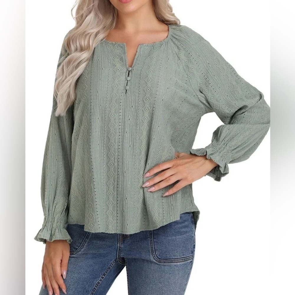 Frye Boho Peasant Blouse  Sage Green Textured Pattern Top SZ  M EUC